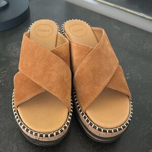 Camel suede Chloe platform wedges. New